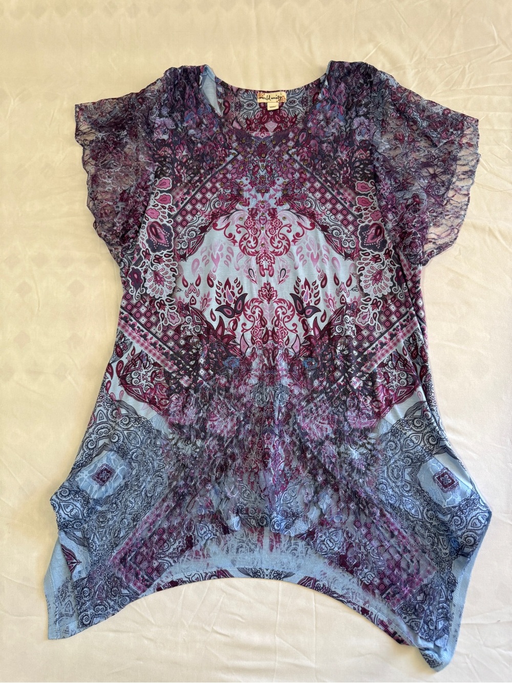 Printed Short Sleeve Tunic Top - Blue Purple - Picture 3 of 12